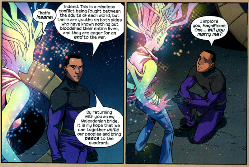Xavin explaining the circumstances of their arranged marriage.